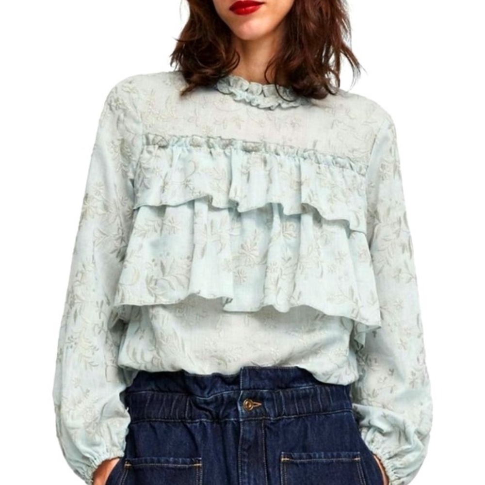 ZARA Ruffled Embroidered Blouse Size S